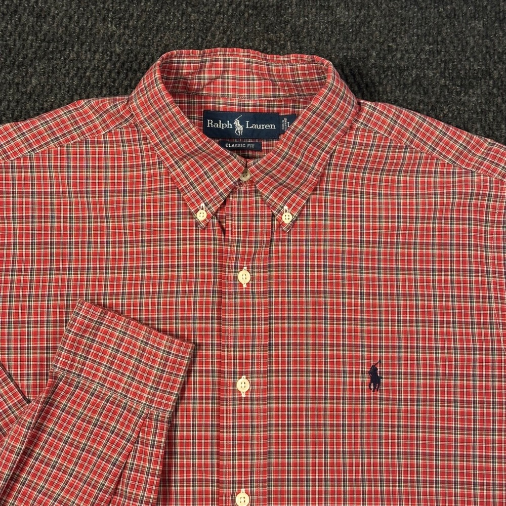 Polo Ralph Lauren Button Down Shirt Mens L Red Plaid Classic Fit Navy Pony
